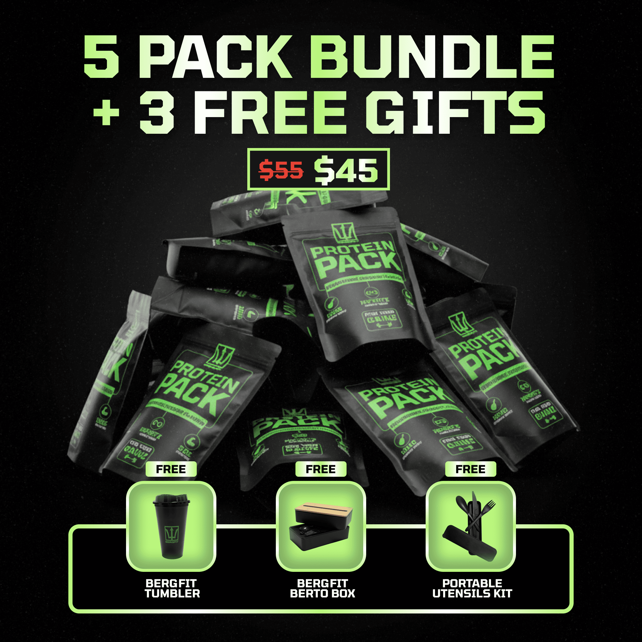 Grilled chicken breast on a spinach leaf with a black protein pack in the background.