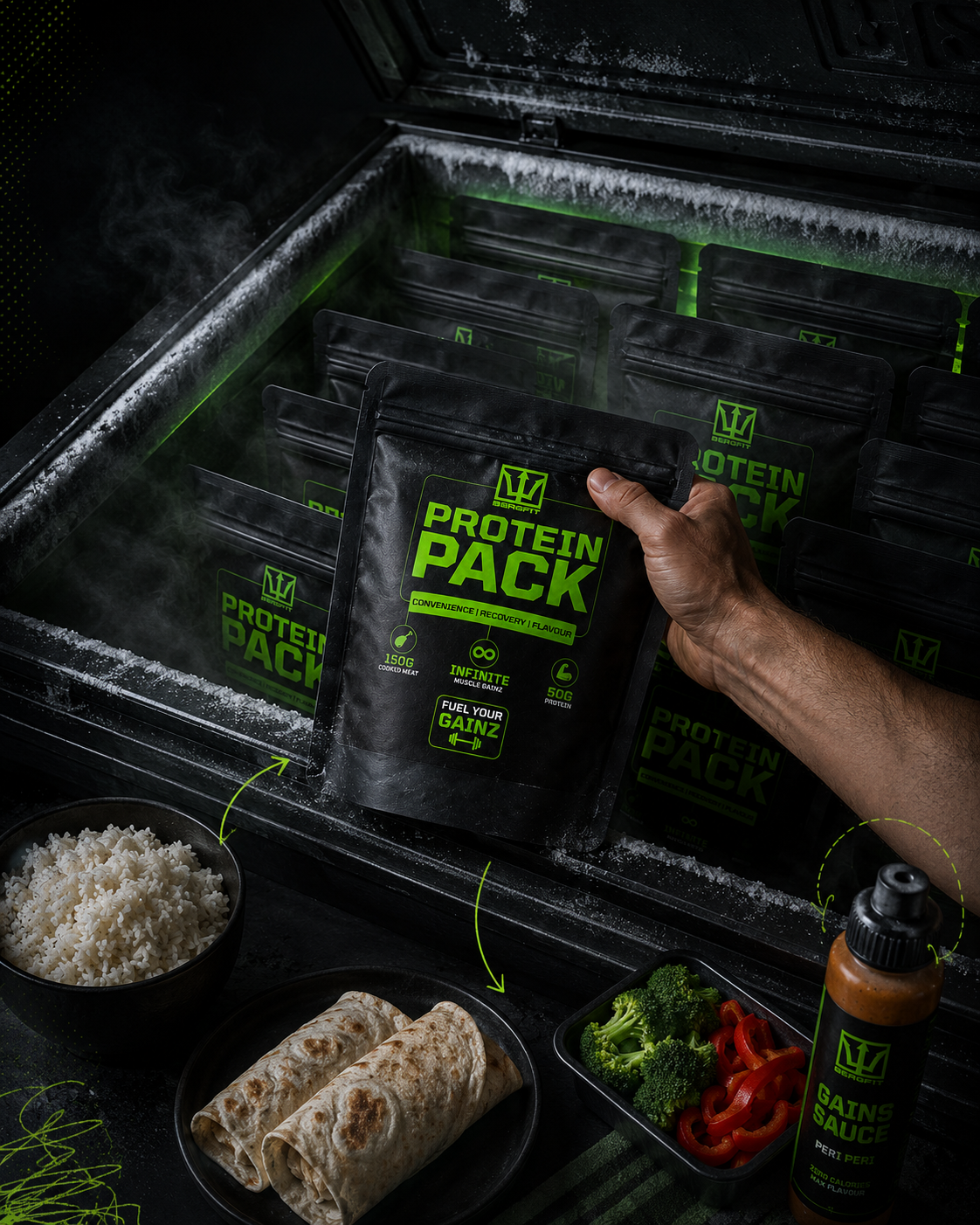 Freezer stocked with BergFit protein packs