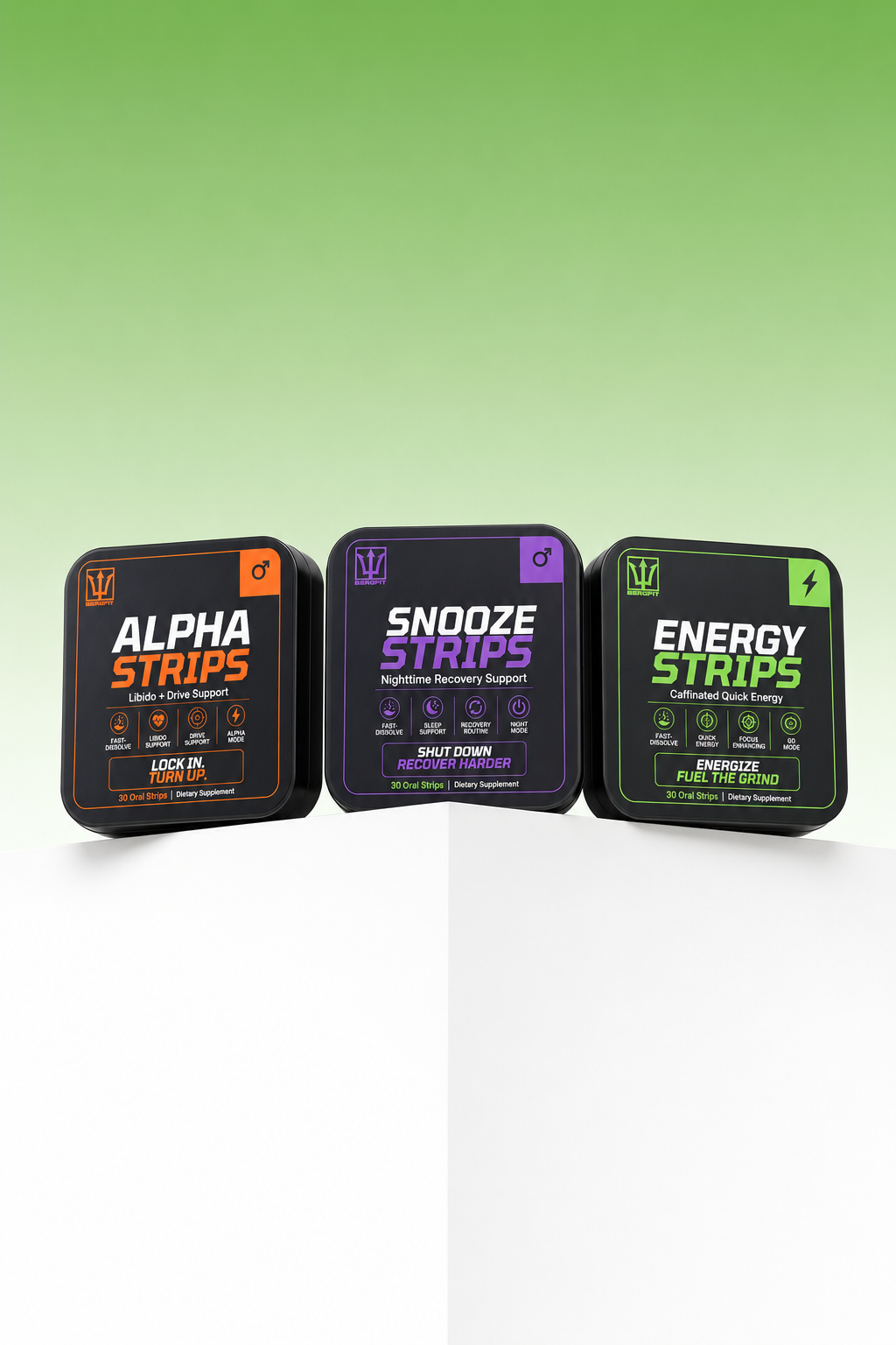 BergFit Alpha, Snooze and Energy strip tins